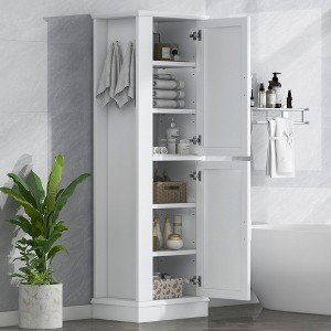 Tall Bathroom Storage Cabinet Freestanding Storage Cabinet with Hook and Adjustable Shelf MDF Board White - 1 of 4