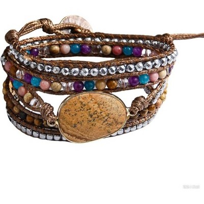 Women's Wrap Bracelet with Natural Jasper Crystal Stone Beads, Bohemian Leather Strand Bracelet