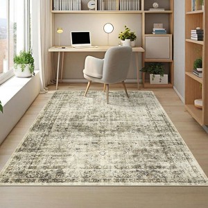 Washable Living Room Rug 9 x 12 Large Vintage Distressed Area Rug with Non-Slip Backing Stain-Resistant Oriental Floor Cover Foldable Carpet - 1 of 4