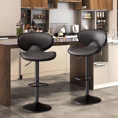 Black two piece bar stool set, faux leather bar stool with backrest, stylish swivel bar stool with footrest