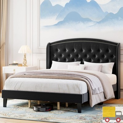 Jojoka Upholstered Platform Bed Frame with Wingback Headboard, Button Tufted, Nailhead Trim, No Box Spring Needed, Wood Slats Bed, Black