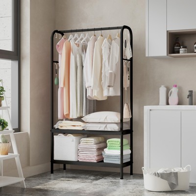 Hanger, portable closet, clothing hanger with 2 storage shelves, heavy-duty metal hanger, independent wardrobe for storing clothes