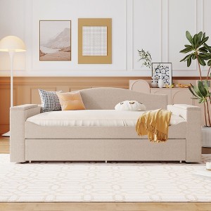 Whisen Modern Teddy Fleece Daybed with Bluetooth Audio, USB Port, Storage Armrests and Trundle - 1 of 4
