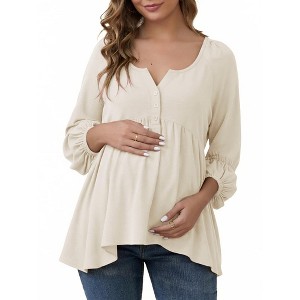 INSPIRE CHIC Womens Maternity High Low Tops Lantern Sleeve Boho Babydoll Ruffled Flowy Long Sleeve Pregnancy Blouse - 1 of 4