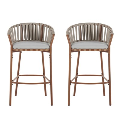 DSVIMOY 2pcs Outdoor Metal Rope Barstool with Beige Cushion, Teak&Beige, 23"*19.5"*39.25"
