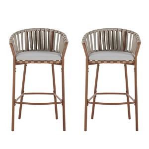 DSVIMOY 2pcs Outdoor Metal Rope Barstool with Beige Cushion, Teak&Beige, 23"*19.5"*39.25" - 1 of 4