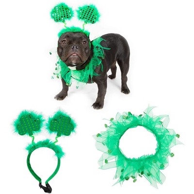 Zodaca 2 Piece Set Green Shamrock Headband and Collar for Medium and Large Dog, St. Patrick's Day Pets Cloth Costume