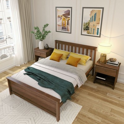 Walnut Pine Full Size Platform Bed Frame with Headboard and Slats