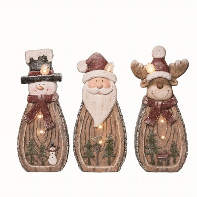 Transpac Resin Brown Christmas Light Up Wooden Decor Set of 3
