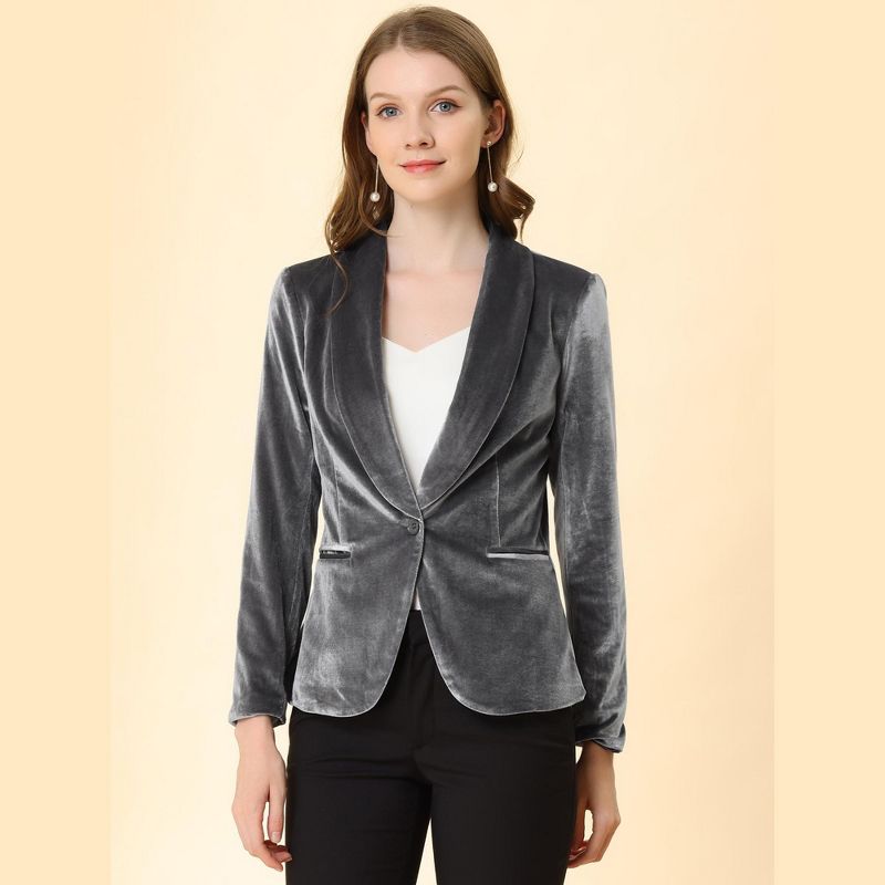 Allegra K Women's Office Solid Shawl Collar Jetted Pockets One Button Velvet Blazer, 5 of 8