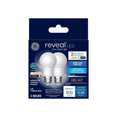 GE 2pk 60W Color Select A15 LED Ceiling Fan Light Bulbs: Warm White, Dimmable, 500 Lumens, 2700K, E26 Base, 13.7-Year Life