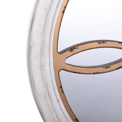 Distressed Gold & White Round Wooden Wall Mirror - 26"