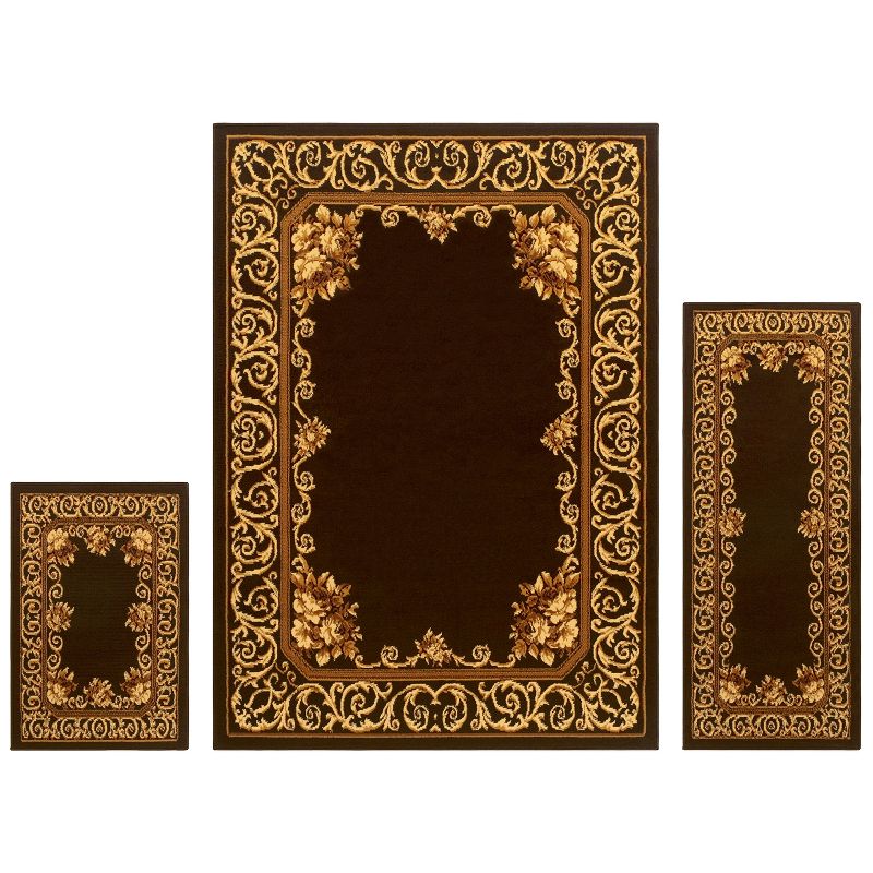 Traditional Floral Scroll Border Indoor Area Rug 3 Piece Set by Blue Nile Mills, 1 of 5