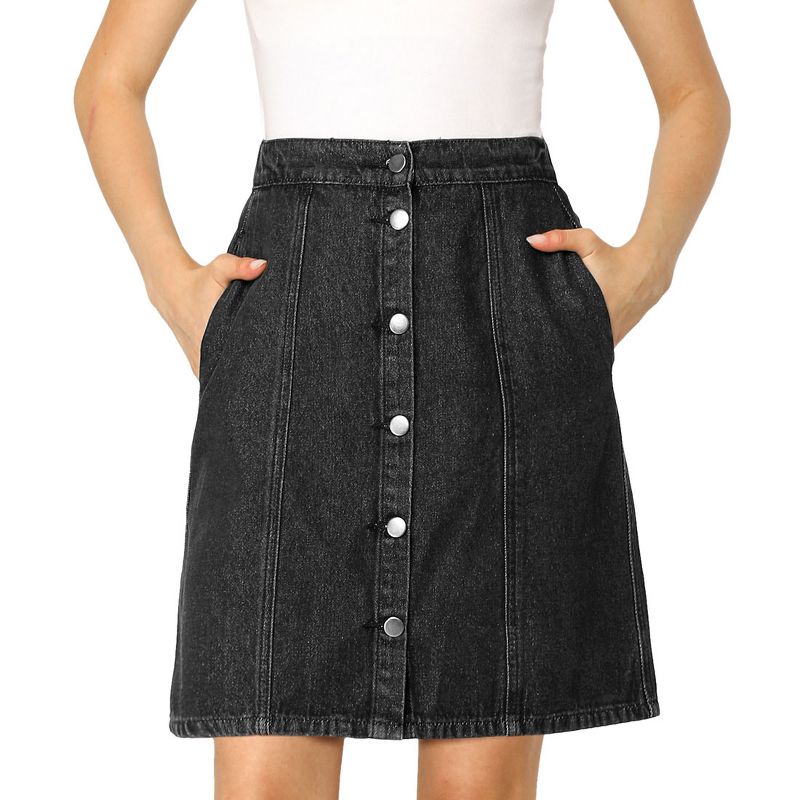 Allegra K Women's Elastic Back Short Button Down Denim Skirts with Pockets, 1 of 7