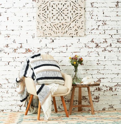 Black and Beige Embroidered Cotton Square Throw Pillow