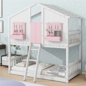 RISOKEYS Twin over Twin House Bunk Bed - Wood  Bunk Bed with Roof, Window, Window Box, Door, Safety Guardrails and Ladder for Girls Boys - 1 of 4