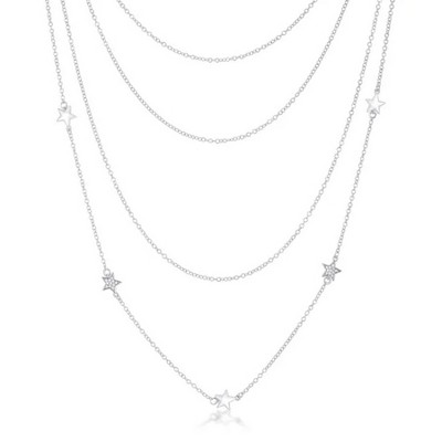 ShineHigh Multi-Layer Rhodium-Plated Star Pendant Necklace with Sparkling CZ Accents – Four-Layer Chain for Women
