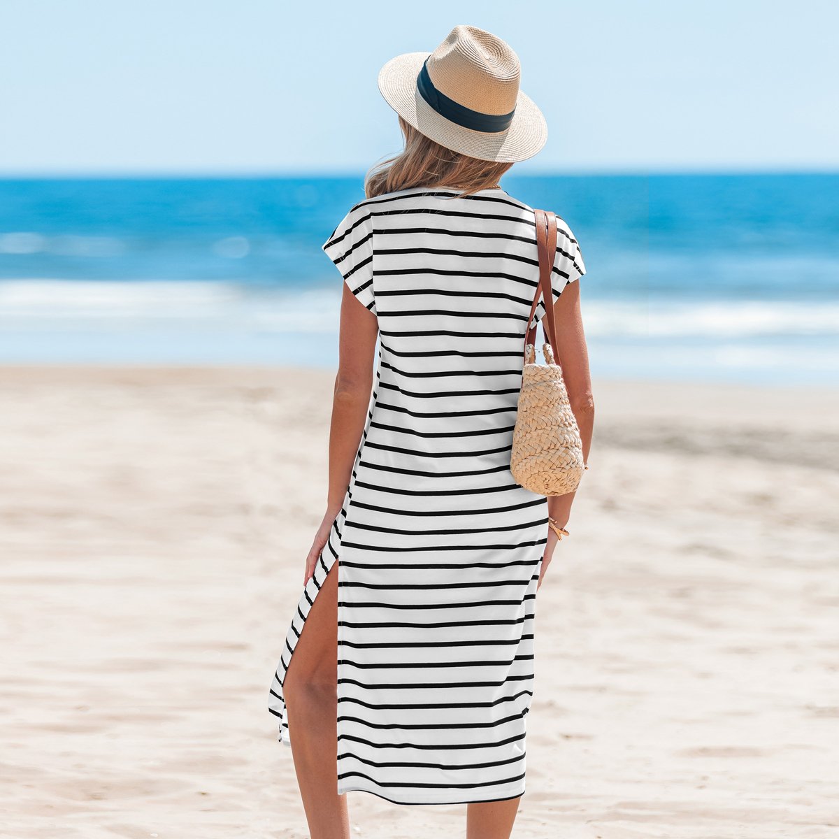 Женские платья Cupshe Women's Striped Beach Dress with Side Slits-S-White — фото 4