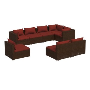 vidaXL 8-Pc Patio Lounge Set in Brown Poly Rattan- Contemporary Outdoor Sofa Set with Powder-Coated Steel Frame and Red Polyester Cushions - 1 of 4