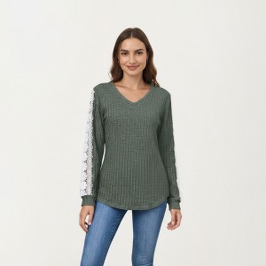 Anna-Kaci Women's Long Sleeve V-Neck Knit Top with Lace Trim Detailing on Sleeves - 1 of 4
