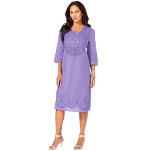 Roaman's Women's Plus Size Cotton Lace Dress - 1 of 4