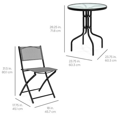 Gray 3-Piece Patio Bistro Set with Glass Tabletop and Folding Chairs