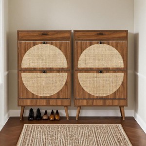 Brafabhome Natural Rattan Shoe Cabinet with 4 Flip Doors and 2 Drawer, Freestanding Shoe Rack Storage Cabinet for Slippers, Sneakers | Holds 24 Pairs - 1 of 4