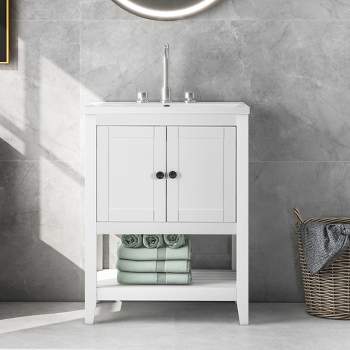 24" Modern Stylish Bathroom Vanity with Porcelain Sink and Open Shelves - ModernLuxe