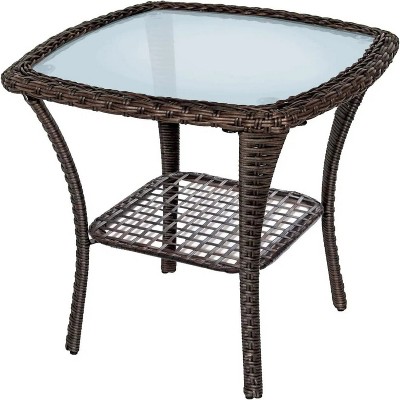Outdoor Glass Top Wicker Coffee Bistro Table; All-Weather Patio Square Storage End Table; Aluminum Frame; 20''x 20''x20''