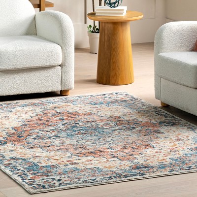Rust and Blue Medallion Synthetic Area Rug, 6' 7" x 9'