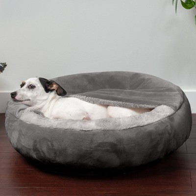 Small Dark Gray Faux Fur and Velvet Hooded Donut Pet Bed