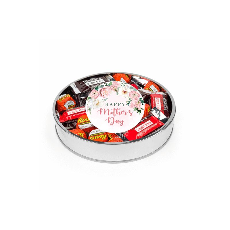 Mother's Day Sugar Free Chocolate Gift Tin Large Plastic Tin with Sticker and Hershey's Candy & Reese's Mix - Flowers - By Just Candy, 1 of 2