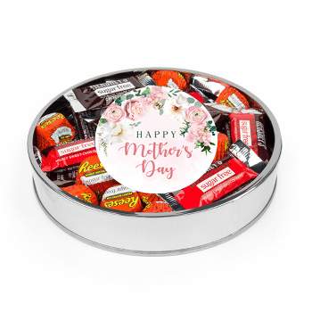 Mother's Day Sugar Free Chocolate Gift Tin Large Plastic Tin with Sticker and Hershey's Candy & Reese's Mix - Flowers - By Just Candy