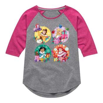 Girls' Disney Princess Christmas Grid Three Quarter Sleeve Raglan Graphic T-Shirt - Heather Gray/Fuchsia Pink