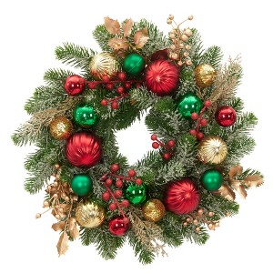 16 Inch Pre-Assembled Christmas Wreath, Artificial Garland with Red, Green and Gold Balls, 30 Lights, Suitable for Indoor and Outdoor Decoration - 1 of 4