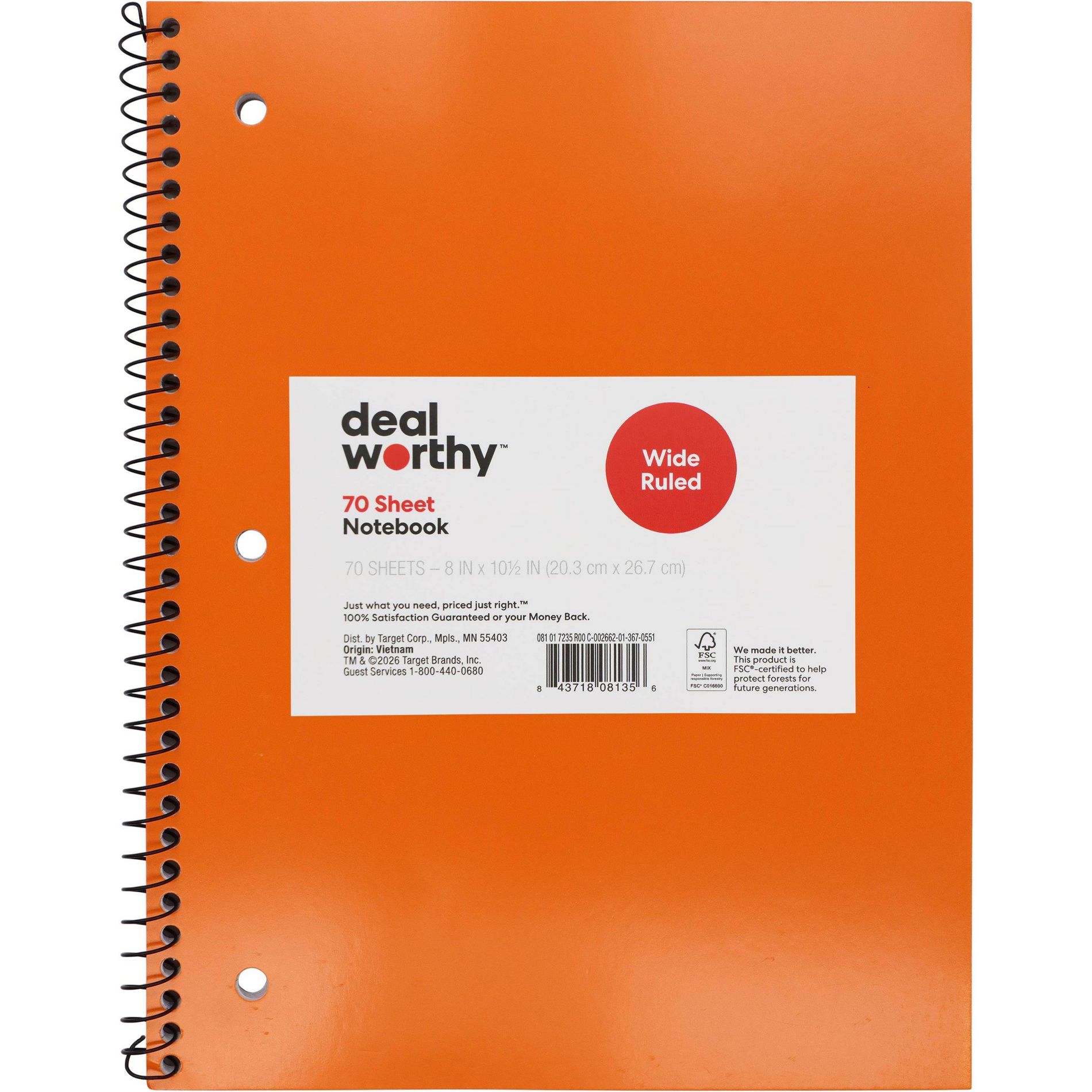 Wide Rule 1 Subject 7.5"x10.5" Spiral Notebook Orange - Dealworthy™