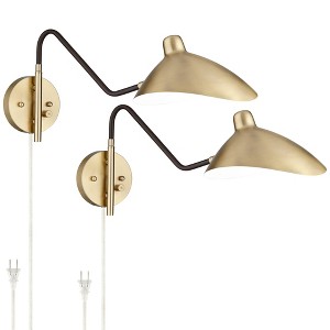 360 Lighting Colborne Mid Century Modern Swing Arm Wall Lamps Set of 2 Brass Black Plug-in Light Fixture Up Down Metal Shade for Bedroom Living Room - 1 of 4