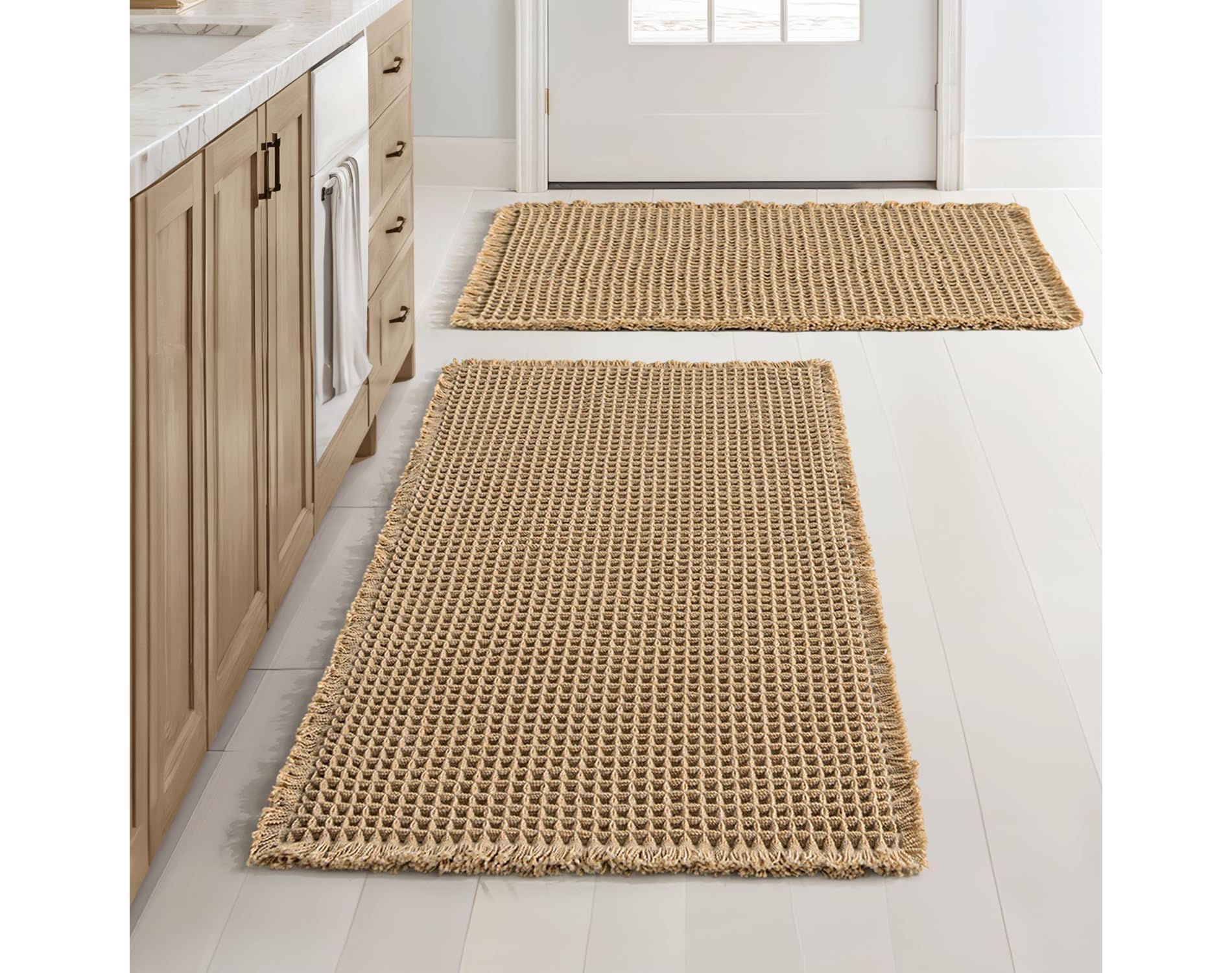 Set of 2 Waffle Bathroom Rugs, Boho Bath Rugs Non Slip Washable,Ultra Soft Rubber Backed Shower Mats for Bathroom Floor