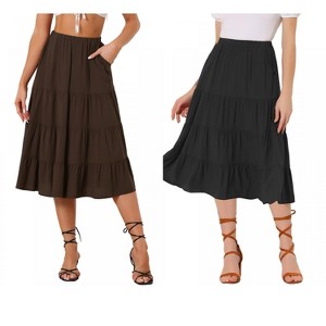 INSPIRE CHIC Women's Midi Solid Elastic Waist Flare Tiered A-Line Skirt with Pockets 2 Packs - 1 of 4