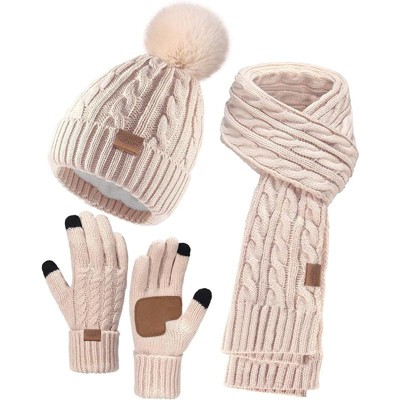 ZUPPAD Winter Hat Scarf Gloves Set for Women, 3 PCS Pom Pom Beanie Hat Touchscreen Glove Long Neck Kint Scarf Christmas Gifts