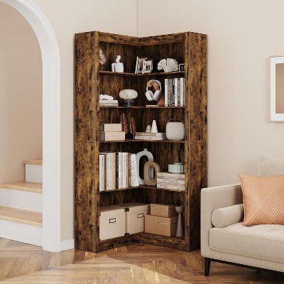 71.8'' Corner Bookshelf, 5-Tier Wooden Farmhouse Bookcase w/Anti-Tipping Kit, Storage Organizer