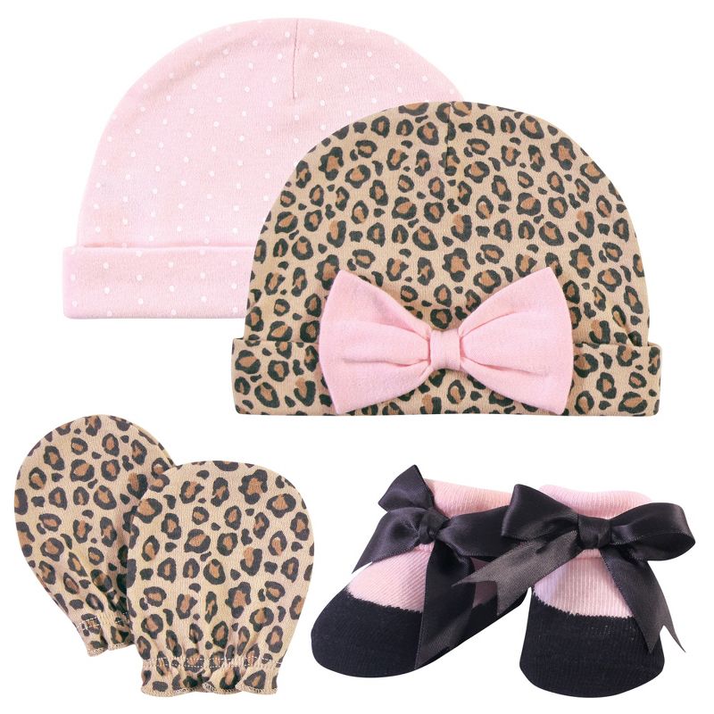 Hudson Baby Infant Girl Caps, Scratch Mitten and Sock Set 4pc, Leopard, 0-6 Months, 1 of 4