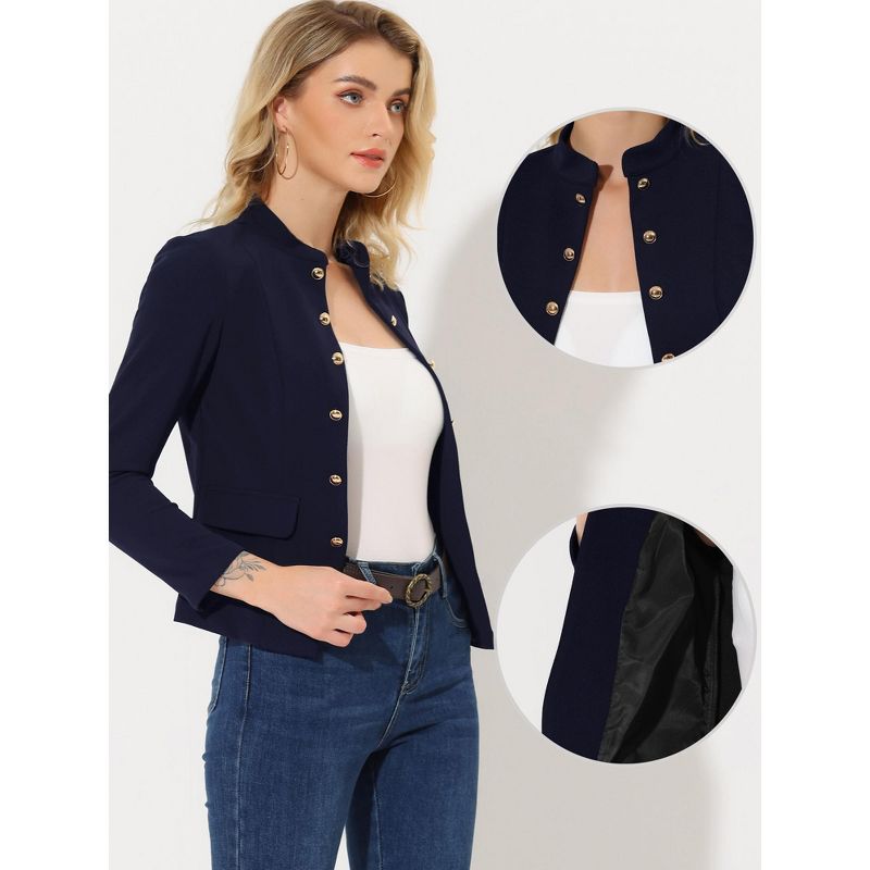 Allegra K Women's Casual Stand Collar Open Front Long Sleeve Button Decor Jacket, 2 of 6