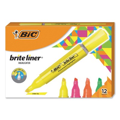 BIC Brite Liner Tank-Style Highlighter Chisel Tip Assorted Colors Dozen BLMG11AST