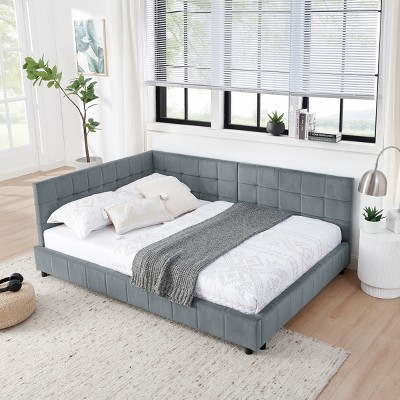 Full Size Upholstered Bed Frame, Velvet Tufted Platform Bed with Armrests and Backrest, No Box Spring Needed - Baofuwish
