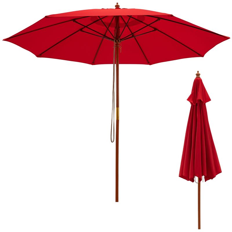 Costway 9.5 FT Patio Rope Pulley Wooden Umbrella Market w/Fiberglass Ribs Outdoor Red/Beige, 1 of 11