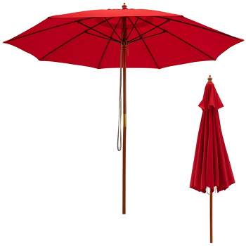 Costway 9.5 FT Patio Rope Pulley Wooden Umbrella Market w/Fiberglass Ribs Outdoor Red/Beige