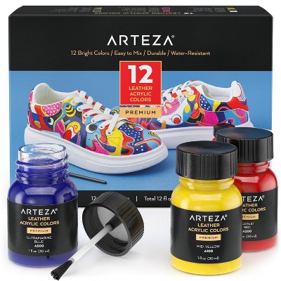 Arteza Leather Fabric Paint Set with Brush, 30ml Bottles, Assorted Colors - 12 Pack (ARTZ-3957)