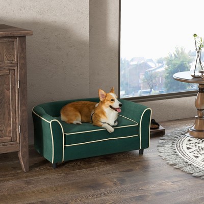 Dark Green Velvet Pet Sofa with Removable Cushion