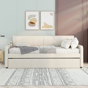 PAGED Twin Size Upholstered Daybed Wooden Bed Frame with Adjustable Trundle for Bedroom and Living Room - 1 of 4